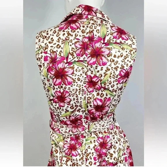 White Stag Button Front Sleeveless Leopard Floral Shirt Dress Ladies 8 Belted - Picture 4 of 8